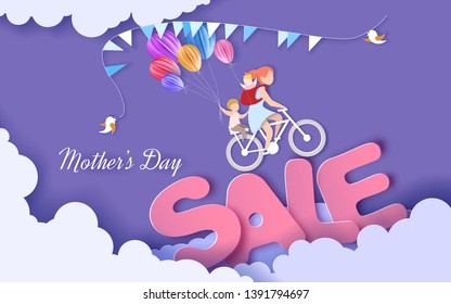 Beautiful woman with her children bicycling with air balloons. Happy mothers day sale card. Paper cut style. Vector illustration