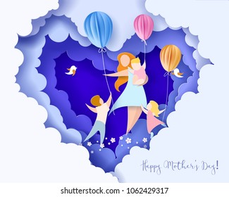 Beautiful woman with her children. Happy mothers day card. Paper cut style. Vector illustration