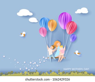 Beautiful woman with her children. Happy mothers day card. Paper cut style. Vector illustration