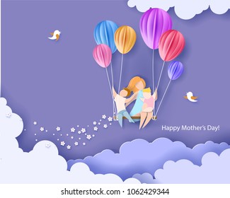 Beautiful woman with her children. Happy mothers day card. Paper cut style. Vector illustration
