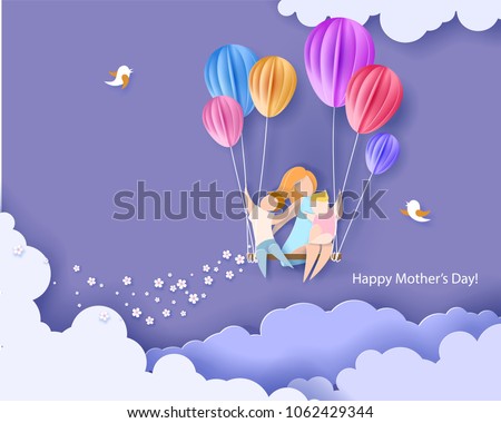 Beautiful woman with her children. Happy mothers day card. Paper cut style. Vector illustration