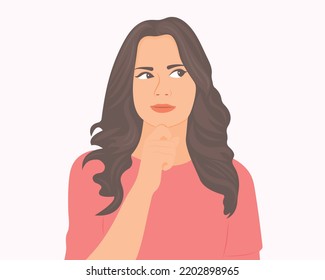 A beautiful woman with her hand on her chin showing a thought, thinking, or having a question. Vector illustration.