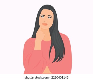 A beautiful woman with her hand on her chin showing a thought, thinking, or having a question. Vector illustration.