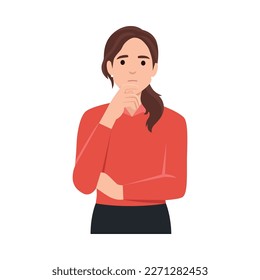 A beautiful woman with her hand on her chin showing a thought, thinking, or having a question. Flat vector illustration isolated on white background