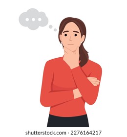 A beautiful woman with her hand on her chin showing a thought, thinking, or having a question. Flat vector illustration isolated on white background