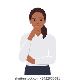 A beautiful woman with her hand on her chin showing a thought, thinking, or having a question. Flat vector illustration isolated on white background