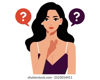 beautiful woman with her hand on her chin. She is thinking or has a question. flat vector illustration design 