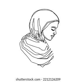 Beautiful woman in hijab on a white background. Modern trend in one line drawing