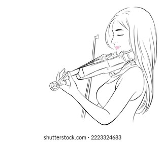 Beautiful woman hold violin on white background, in emotion feeling happy. vector illustration isolated cartoon hand drawn