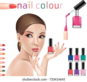 Beautiful woman holding a bottle of nail polish.illustration vector
