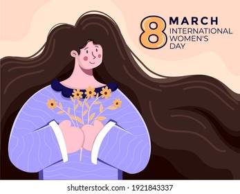 Beautiful woman with holding a bouquet to celebrating international women's day at 8 march. Festive International Women's day, Mother's Day flat illustration. Can be used for greeting card, post card.