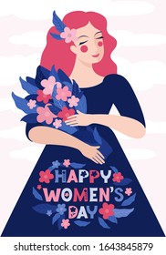 Beautiful woman holding a bouquet of flowers. Lettering happy women's day. Holiday card or banner. Spring holiday vector illustration. Hand drawn romantic girl in a blue dress on a pink background