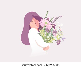 Beautiful woman holding a bouquet of flowers. Mother's day, Valentine's day, March 8 Women's day concept. Vector illustration.