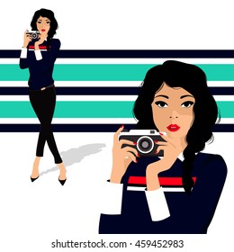Beautiful woman holding camera. Fashion girl taking a photo. Young attractive woman photographer. Character design. Vector illustration