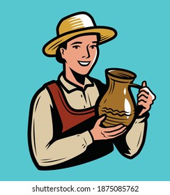 Beautiful woman holding a clay jug. Drink concept vector