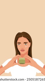 A beautiful woman holding a cream in her hands advertises care cosmetics for the body and face. Cosmetology. Anti-aging cosmetics. Facial skin care vector flat illustration for advertising, mokap