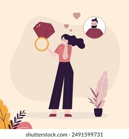 Beautiful woman holding diamond ring after proposing marriage. Man given girl gold wedding ring with brilliant. Happy girl thinking about her boyfriend or future husband. flat vector illustration