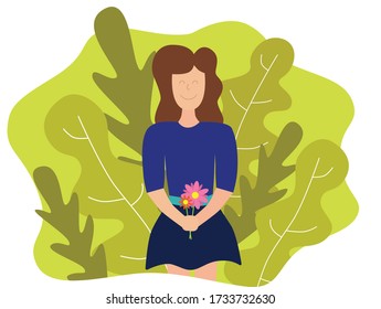 A beautiful woman holding flowers in spring environment. Flat design vector.