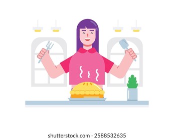 A beautiful woman holding a fork and spoon eating a warm pie. Design character. Vector flat illustration