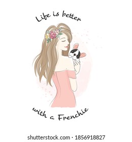 beautiful woman holding french bulldog puppy doodle line art style on pink watercolor splash background