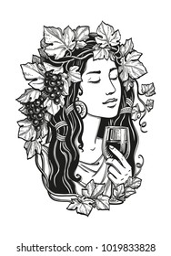 Beautiful woman holding a glass of red wine in her hand. Wreath of grape leaves. Ink sketch isolated on white background. Hand drawn vector illustration. Retro style.