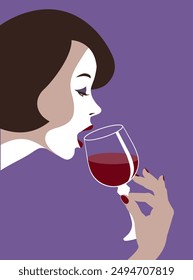 	
Mujer hermosa que sostiene un vaso de vino tinto en su mano en una fiesta. Dibujo estilizado retro en un estilo minimalista. Ilustración vectorial	