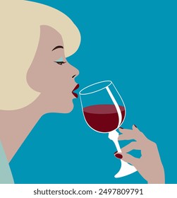 Mujer hermosa que sostiene un vaso de vino tinto en su mano en una fiesta. Dibujo estilizado retro en un estilo minimalista. Ilustración vectorial	