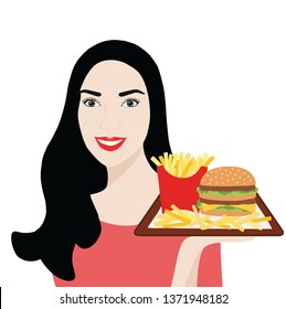 Beautiful woman holding hamburger and French fries isolated vector-illustration. Fast food concept backgorund