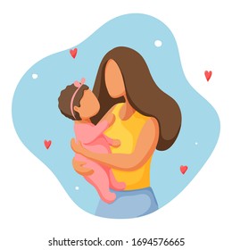 Beautiful woman holding her baby in arms. Happy Mothers day. Vector illustration.