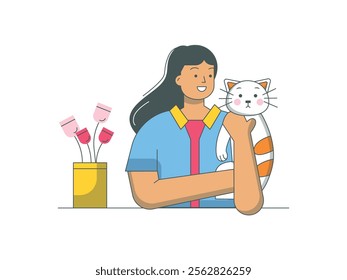 Beautiful woman holding her beloved cute cat, an adorable pet. Character design. Vector flat illustration