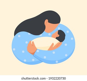 Beautiful woman holding her cute baby in arms. Happy Mother's Day. Flat vector illustration.