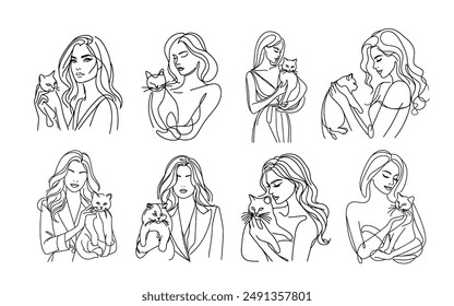 Beautiful woman holding her kitten, minimalist in lines, cat and woman