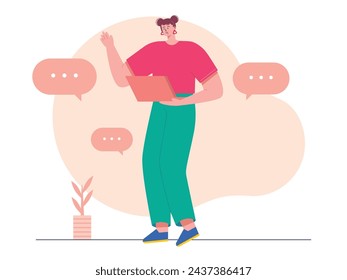 Beautiful woman holding her laptop chatting with her friend via social media, black and white style. Character design. Vector flat illustration