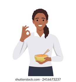 Beautiful woman holding Janpanese pork noodle ramen bowl with ok sign. Flat vector illustration isolated on white background