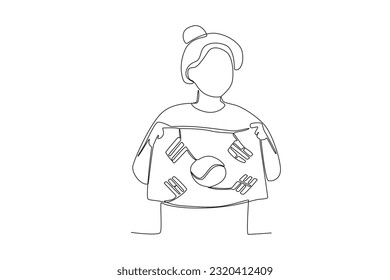 A beautiful woman holding a Korean flag. National liberation day of Korea one-line drawing
