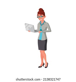 beautiful woman holding laptop and reading report cartoon vector. beautiful woman holding laptop and reading report character. isolated flat cartoon illustration