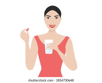 Beautiful woman holding  medicine pills and water glass isolated vector illustration. Health care, medical 
and pharmaceutical concept.