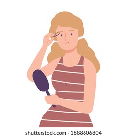 Beautiful Woman Holding Mirror and Tweezing her Eyebrow, Skin Care Routine Cartoon Style Vector Illustration