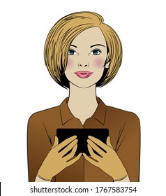 A beautiful woman holding a modern smartphone. Avatar of a young blonde. Vintage engraving stylized as drawing. Vector illustration.