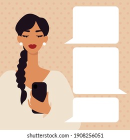 Beautiful woman holding phone. Empty text frames. Communication, SMS, messages.