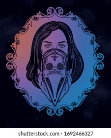 Beautiful woman holding a plague doctor mask -medieval gothic tattoo style.Symbol of unity, solidarity and support in a health crisis. Isolated vector illustration.