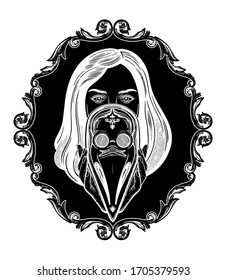 Beautiful woman holding a plague doctor mask -medieval gothic tattoo style.Symbol of unity, solidarity and support in a health crisis. Isolated vector illustration.