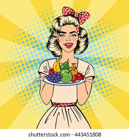 Beautiful Woman Holding a Plate with Fruits. Happy Housewife. Pop Art. Vector illustration