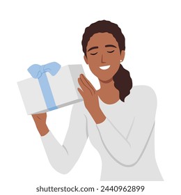 Beautiful woman holding present box. Flat vector illustration isolated on white background