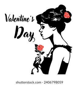 Beautiful woman holding a rose in her hand. Valentine's Day concept. Ready to apply to your design. Vector illustration.