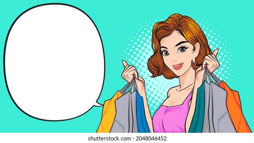 Beautiful woman holding shopping bags pop art comics style.