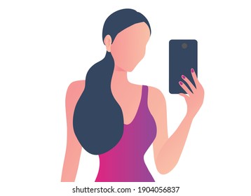 Beautiful woman holding smartphone and making selfie vector illustration. Addiction on the smartphone and social media concept