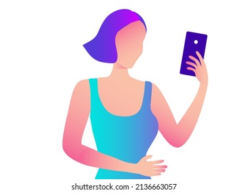 Beautiful woman holding smartphone and making selfie vector illustration. Addiction on the smartphone and social media concept