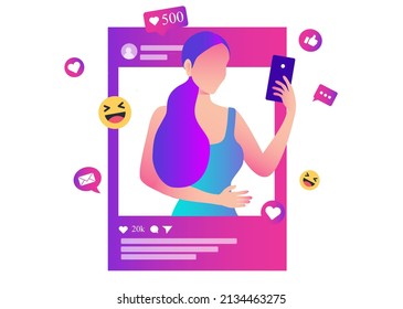 Beautiful woman holding smartphone with social media icons. Influencer social media marketing, blogger, vlogging, social influencer and influencer marketing concept vector illustration