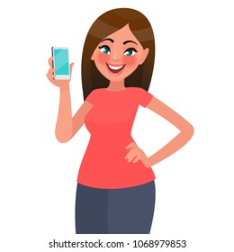 A beautiful woman is holding a smartphone. Vector illustration in cartoon style